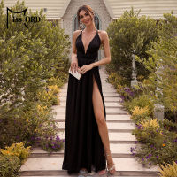 Missord Summer Sexy Women Deep V Neck Backless Evening Party Long Dress High Split Beach Maxi Red Christmas Prom Dresses Black