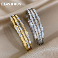 FLASHBUY ใหม่ฝังคริสตัลเพทายเสน่ห์ไม้ไผ่สแตนเลสกำไลสร้อยข้อมือสำหรับผู้หญิงการออกแบบที่ไม่ซ้ำอุปกรณ์สีทอง-fbgxbgdbnxxfn