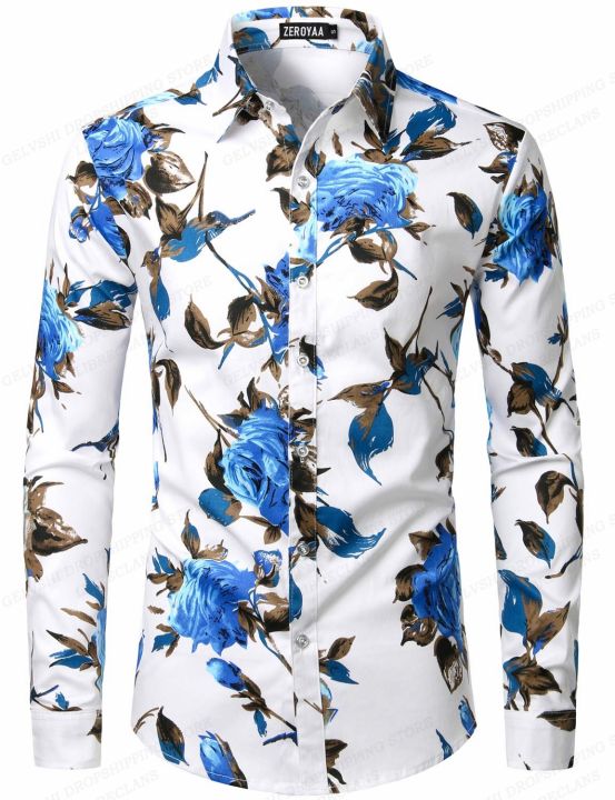 เสื้อแขนยาวลำลองเสื้อฮาวายลายดอกไม้สำหรับผู้ชาย-เสื้อผู้ชายแฟชั่นเสื้อเบลาส์ชายหาดคิวบาเสื้อเบลาส์เสื้อคอวีดอกไม้