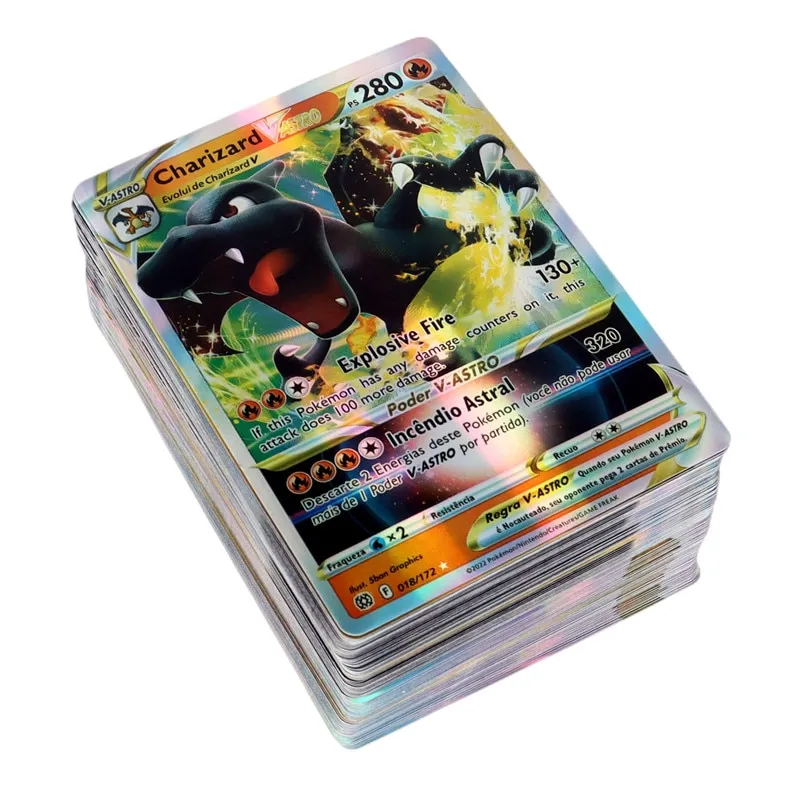 100Pcs GX Holographic Pokemon Cards in Portuguese Letter with Rainbow  Arceus Shiny Charizard trade card children toys