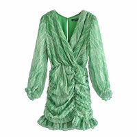 snakeskin print ruffle dress lantern sleeve v neck sexy dresses spring autumn sukienka letnia za  women vestido de mujer