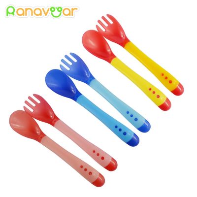 ✣▽✢ 2pcs/set Silicone Soft Spoon Fork Set Handy Heat Sensing Thermal Spoon Baby Kids Weaning Silicone Head Tableware