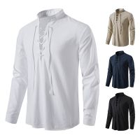 Mens Cotton Henley Shirt Long Sleeve Casual Fashion Retro Medieval Vacation Beach Stand Collar Long Sleeve Shirt