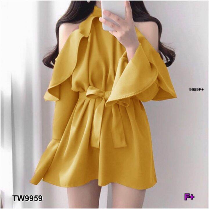 Garden Clothes ชุดเดรส เดรสเว้าไหล่ระบาย + สายผูกเอว สีเหลือง Lazada