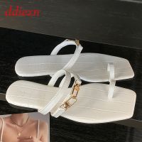 Hot sell Women Slippers Flats Shoes Fashion Square Toe Footwear Summer Metal Chain Casual Female Flip Flops Outdoor Ladies Slides