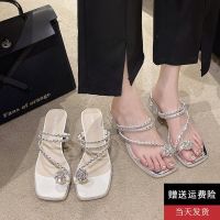 ☎✧♠ Rhinestone thong slippers for womens summer outer wear 2023 new style pigeon egg crystal heel fairy style two-wear high-heeled sandals