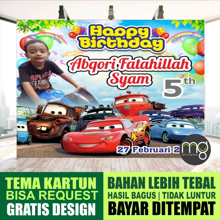 BACKDROP Spanduk Ulang tahun kartun Mobil balap quueen cars BISA PAKAI