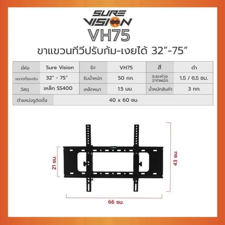 sure-vision-ขาแขวนทีวี-แบบติดผนัง-ปรับก้มได้-รุ่น-vh75-รองรับขนาดจอ-32-75-แบบปรับก้มได้-0-20-องศา-ราคาไม่รวมติดตั้ง