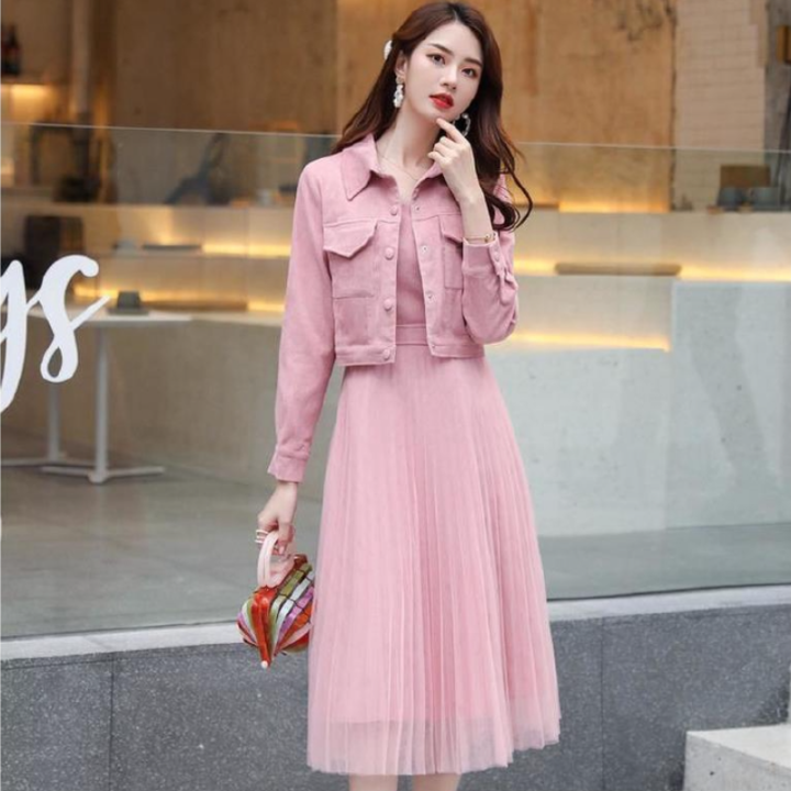 fashion-women-two-piece-sets-new-spring-summer-long-sleeve-short-jacket-and-patchwork-mesh-dress-2-pcs-suits-woman-outfit