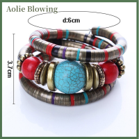 Aolie สร้อยข้อมือลูกปัดสีเงินแบบปรับได้สไตล์โบฮีเมียนสีเทอร์ควอยซ์