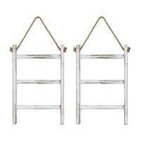 2X Wall-Hanging Towel Ladder Rustic Whitewashed Wood Countertop Ladder Farmhouse Decor Towels Rack with Adjustable Rope