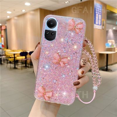 เคสคลังสินค้าพร้อม OPPO Reno10 Pro ทุกรุ่น Reno 10 Pro + 5G 2023 Bling เคสนิ่มโปร่งใส Oppo Reno10Pro กับสาม Butterflie + ลูกปัดมือเชือกฝาครอบเงินเพชร