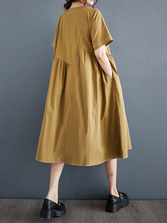 xitao-dress-patchwork-women-loose-short-sleeve-dress