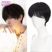 WTB Synthetic Black Wigs Mens Short Straight Wigs with Bangs Blonde Mixed Cosplay Anime Wig Fashion Pixie Cut Daily Use Wigs