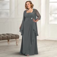 【YF】 Plus Size Grey Mother of Bride Dresses for Women Chiffon Three Quarter Wedding Party Gowns Formal Occasioon 2023 Summer