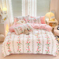 (ร้อน) หนากำมะหยี่อบอุ่น Plush 4Pcs ชุด Super Soft Flannel ผ้านวมสองด้านผ้าปูที่นอน Queen ขนาด Coral Fleece ผ้านวม