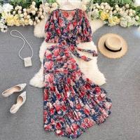 COD DSFGERTGYERE Bohemian Pink/Blue Floral Print Chiffon 2pcs Set Women Boho Chic Bandage Short Tops High Waist Mermaid Skirt Female Sets 2023