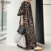 jkk Fashion Leopard Womens Sundress 2023 ZANZEA Puff Sleeve Vestidos Female V Neck Printed Robe