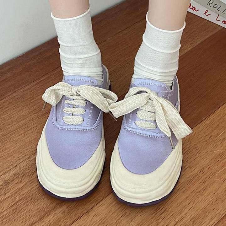 renben-รองเท้าผ้าใบส้นหนาสีม่วงสุดๆเข้าได้กับทุกชุดของผู้หญิงรองเท้าสีขาวเบาสไตล์ฮ่องกงย้อนยุคแบบใหม่