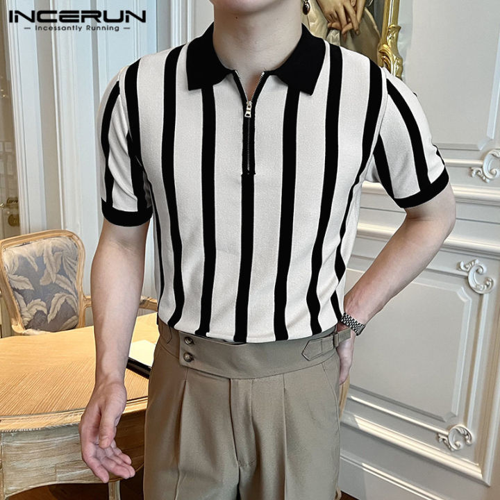 incerun-เสื้อบุรุษลายทางสไตล์ฮิปฮอปเสื้อเชิ้ตทางการซิปเสื้อเชิ้ตแขนสั้น-henley-tops-สไตล์เกาหลี