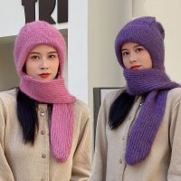 【YD】 2022 New Korean Knitted Hat Scarf One-piece Fleece Thickened Warm Bonnet Cap