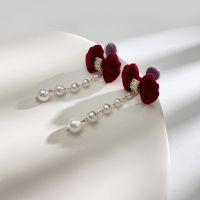 [COD] Tassel long section red velvet bow ear clip sweet pearl earring female autumn and winter 2022 new