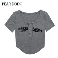 PEAR DODO เสื้อยืดแขนสั้นสำหรับผู้หญิงพิมพ์ลายคอกลมตัวอักษรเกาหลี