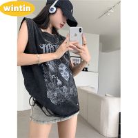 Wintin American R Printed Hollow Sleeveless T-shirt Womens Summer New Mid-Length Loose Slimming Top