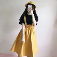 Spot parcel post2023 Summer College Style Suit Skirt Female Student Korean Style Loose Short Sleeve Shirt + Fashion Suspender Skirt Two-Piece Set