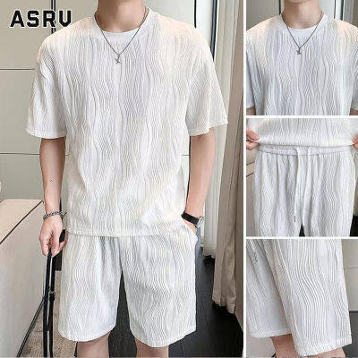 ASRV เสื้อยืดผู้ชาย เสื้อผ้าผู้ชาย t shirt for men เสื้อลำลองแขนสั้นรอบคอหลวมผู้ชายชุดเสื้อยืดและกางเกงขาสั้นสีทึบเสื้อยืดปล่อยชาย + กางเกงขาสั้น