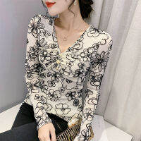 NEW 2 Color Floral T-shirts Women Slim Long Sleeve Mesh Tops Y2k Korean Fashion Runway 2021 Casual Office Shirt