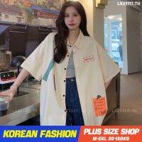 Plus size เสื้อผ้าสาวอวบ❤ เสื้อสาวอวบอ้วน ไซส์ใหญ่ ผู้หญิง ทรงหลวม แขนสั้น คอปก พิมพ์ สีขาว ฤดูร้อน สไตล์เกาหลีแฟชั่น V728