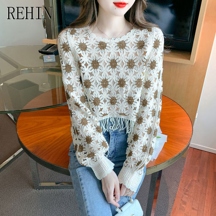 rehin-เสื้อลูกไม้ฉบับภาษาเกาหลีผู้หญิง-เสื้อลูกไม้แบบสวมหัวรูปแบบรอบคอเรขาคณิตหวานต้นฤดูใบไม้ร่วง2023แขนยาว