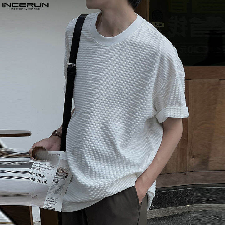 incerun-เสื้อลายตารางผู้ชายแขนสั้นเสื้อยืดเทกเชอร์ลำลองอเนกประสงค์แบบเรียบง่าย-สไตล์เกาหลี