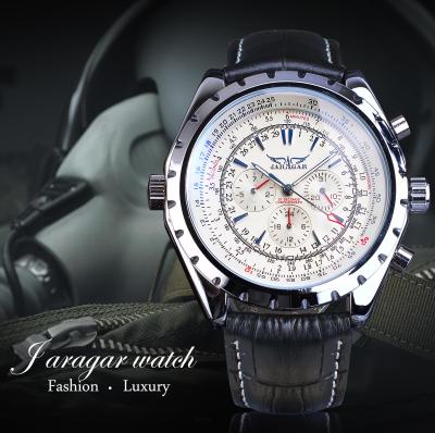 Jaragar สีฟ้าแก้วนักบินชุดทหารทรูกีฬาผู้ชายอัตโนมัตินาฬิกาข้อมือแบรนด์ชั้นนำหรูหราเครื่องกลนาฬิกาชายชั่วโมง