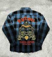 Áo sơ mi nam ngắn tay in EVISU ông địa loang caro vải nỉ co giãn nhẹ