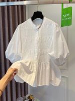 Listed dozen fold design feeling small loose show thin white chiffon blouse female summer 2023 round collar short sleeve shirt（Normal shipment）