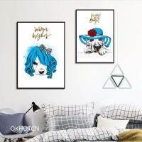 บทคัดย่อสัตว์ Blue Hair Hat Dog ภาพวาดผ้าใบ-Nordic Wall Art รูปภาพ-ตกแต่งโปสเตอร์ Vintage Cuadros ตกแต่ง Salon