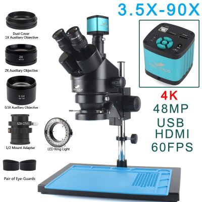 7X-45X Simul-Focal Stereo Trinocular Zoom Microscope 4K 2K 48MP HDMI USB VGA Microscope Camera Set With Auxiliary Objective Lens