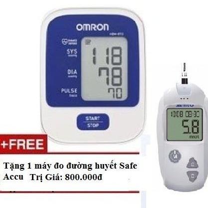 Máy đo huyết áp bắp tay Omron HEM-8712 (Trắng phối xanh) + Tặng Máy đo đường huyết Safe-Accu + 1 hộp téc thử đường huyết 50 que + kim