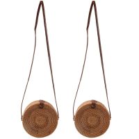 2X Bali Vintage Handmade Crossbody Leather Bag Round Beach Bag Girls Circle Rattan Bag Small Bohemian Shoulder Bag