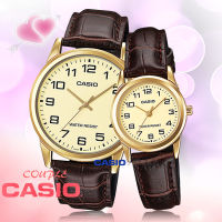 นาฬิกาคู่รัก Casio รุ่น MTP-V001GL-9B และ LTP-V001GL-9B นาฬิกาสายหนังสีน้ำตาล หน้าปัดสีทองสุดหรู - มั่นใจ สินค้าของแท้ 100% รับประกันสินค้า 1 ปีเต็ม