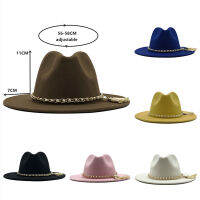 U nisex มุกพู่โซ่สีทึบด้านเดียวขนสัตว์รู้สึกแจ๊ส Fedora หมวกผู้ชายที่สง่างามผู้หญิงปีกกว้างปานามา tril capy