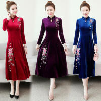 ผู้หญิงกำมะหยี่ชุด Cheongsam อารมณ์ดอกไม้เย็บปักถักร้อยแขนยาวเอวสูง A-Line กระโปรงปุ่มปกจีน Qipao ชุด