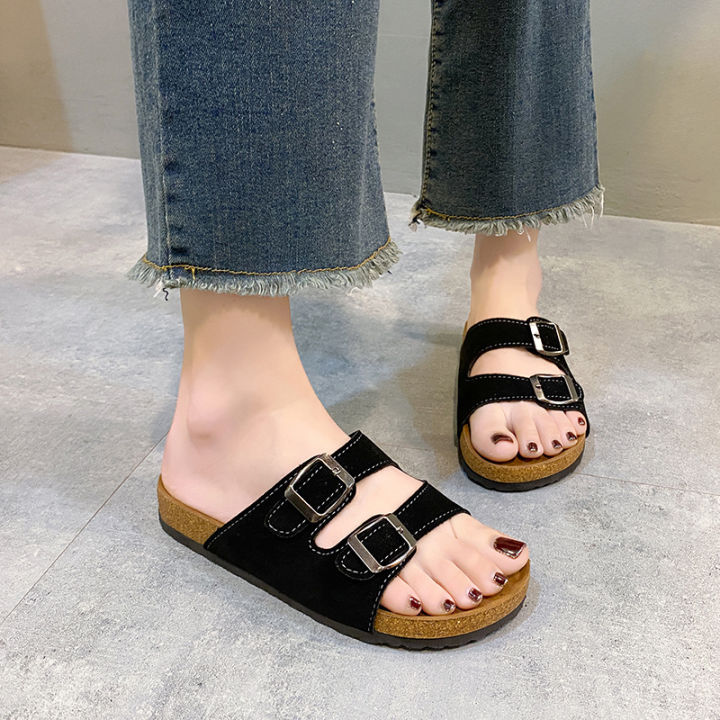 japanese-and-korean-slippers-womens-belt-buckle-foreign-trade-beach-shoes-2023-spring-and-summer-cork-flat-sandals-one-word-sandals