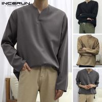 INCERUN เสื้อเชิ้ตแขนยาว คอวี ผ้าลินิน แฟชั่นสำหรับผู้ชาย