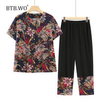 เสื้อแฟชั่นสไตล์คุณยาย BTB.WO เสื้อผู้หญิงใส่สบายผ้าโพลีเอสเตอร์ + กางเกง2ชิ้น60-8O ปี