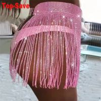 【LZ】๑﹊  Mulheres verão praia bikini mini saia glitter strass roupas borla saias de cristal diamantes ajustável sexy parte inferior