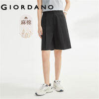 GIORDANO ผู้หญิง ผ้าฝ้ายลินินธรรมชาติทอจีบเอวสูงหลวมบางกางเกงขาสั้นลำลอง Free Shipping 05403307