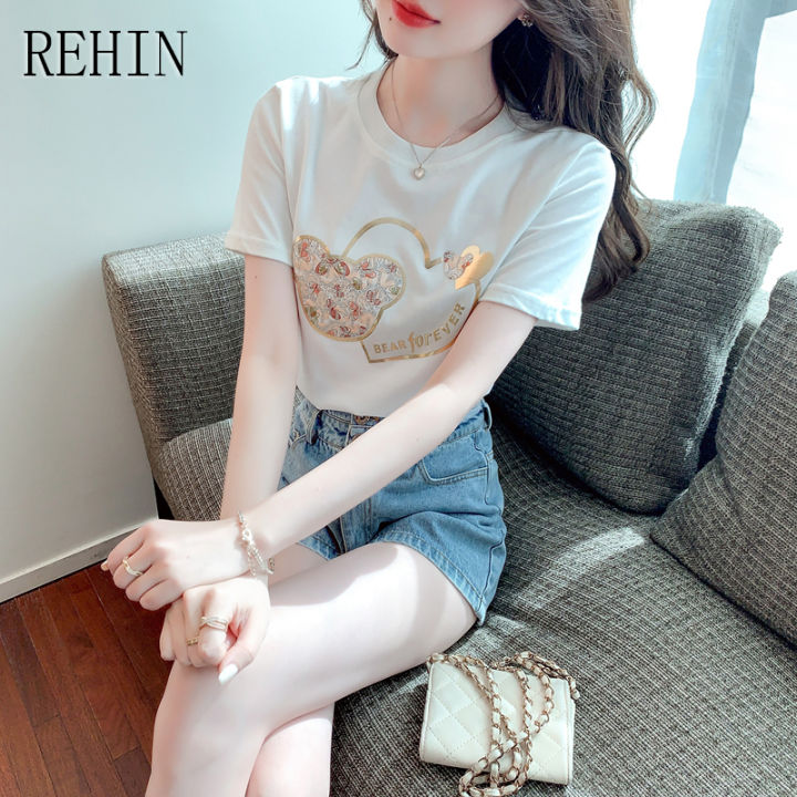 rehin-เสื้อยืดแขนสั้นสำหรับผู้หญิง-เสื้อยืดคอกลมสีขาวทรงหลวมอเนกประสงค์ลำลองพิมพ์การ์ตูนหมีแฟชั่นสไตล์เกาหลีแบบใหม่ฤดูร้อน